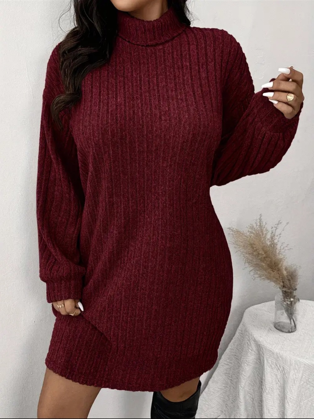 Turtleneck Sweater Dress - Burgundy